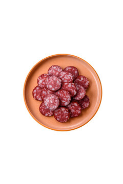 Slices of smoked salami for sandwiches or a lunch spread. Salami slices