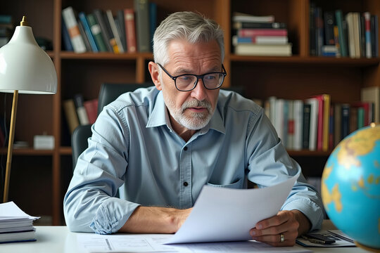 Elderly Gentleman Examines Financial Papers Amidst Travel Essentials&mdash;Binoculars, Camera, and Globe&mdash;Contemplating Retirement Plans.