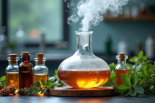 Dynamic Shot of a Steam Distillation Apparatus in a Laboratory, Featuring Glass Components, Swirling Steam, and Fresh Botanicals with Essential Oils