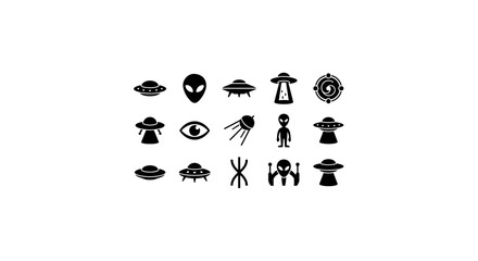 Alien UFO Icons, Extraterrestrial Spaceship Symbols, Sci-Fi Vector Graphics, Space Exploration Set © Riyad