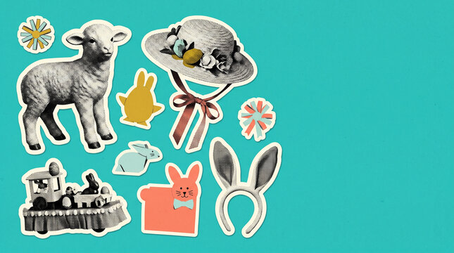 Easter parade memories in retro newspaper cutout collage with lamb, floral bonnet, playful bunnies and rabbit ears, whimsical spring holiday design with copy space