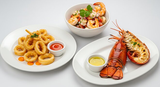 Delicious Seafood Platter Featuring Fried Calamari, Lobster, and Shrimp Ceviche
