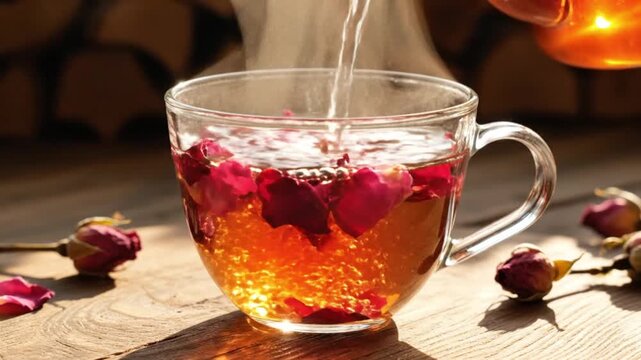 A warm cup of herbal tea being poured with steam rising in a cozy setting with rose petals