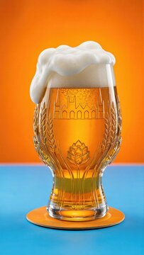 Glass of lager beer with frothy foam sitting on a table. Celebration at Peterborough beer festival event. Craft beverage in branded glassware with cathedral design for pub culture.