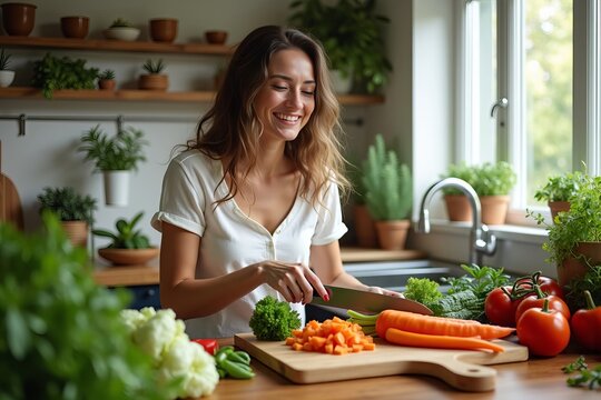 Charming Kitchen Setting: A Woman Happily Chopping Colorful Vegetables Amidst Fresh Herbs and Warm Natural Light