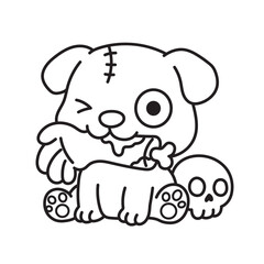 Fototapeta premium Cute zombie puppy sitting with a hand beside a skull. Spooky Halloween line art combines an adorable dog with creepy skeleton.