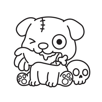 Cute zombie puppy sitting with a hand beside a skull. Spooky Halloween line art combines an adorable dog with creepy skeleton.