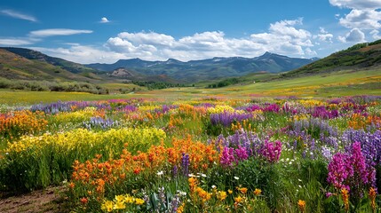 Fototapeta premium Vibrant wildflower meadow in full bloom rolling hills and mountains under a blue sky with clouds a picturesque natural landscape for travel and nature themes