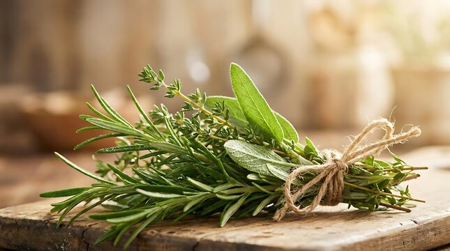 Fresh rosemary and sage herbs tied on wooden board