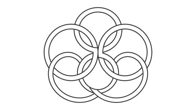 Interlocking Rings Symbol: A minimalist black and white illustration of five interlocking rings forming a circular, star-like pattern.
