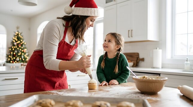 A heartwarming christmas scene of a mother and daughter baking cookies together in their cozy kitchen