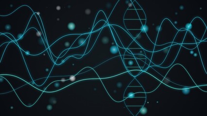Abstract digital background featuring glowing teal wave lines and floating particles representing...