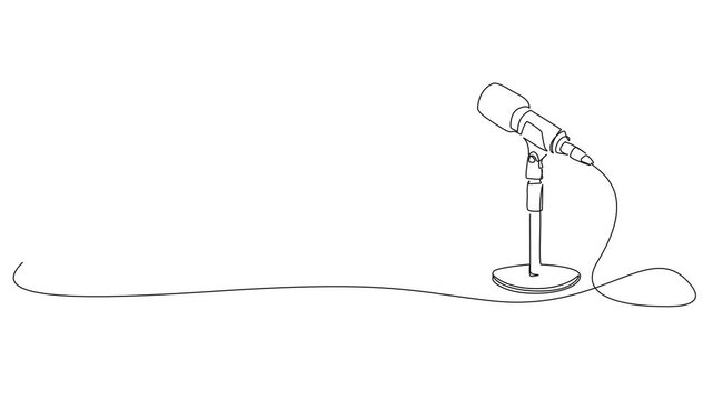 animated continuous line drawing of a microphone on a desktop stand with copy space. podcasting and audio recording concept, line art animation