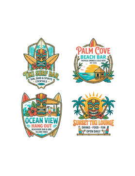 Vintage Tropical Tiki Bar and Surf Club Badges Set with Hawaiian Totem Masks Palm Trees and Cocktails.