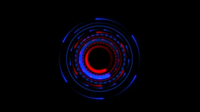 Abstract Digital Circular Neon Rings Featuring Blue and Red Vortex Design.