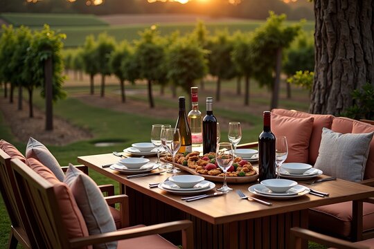Chic Vineyard Ambiance: Luxurious Seating, Mood Lighting, and an Exquisite Table of Gourmet Delights and Fine Wines