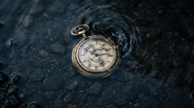 Vintage pocket watch sinking into dark swirling water symbolizes passing of time and fleeting nature of moments with elegant motion blur effects.