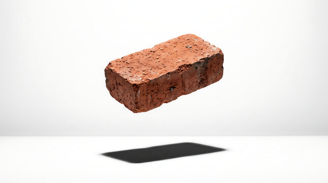Red clay brick levitating against white background with harsh shadow creates minimalist composition for construction and building material concepts.