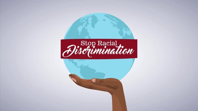 Hand holding globe with stop racial discrimination message promoting equality and unity around world.