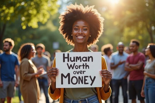 Confidently Standing in a Tranquil Outdoor Scene, a Person Holds a Sign Proclaiming 'Human Worth Over Money' as Sunlight Beautfully Highlights Their Determined Expression