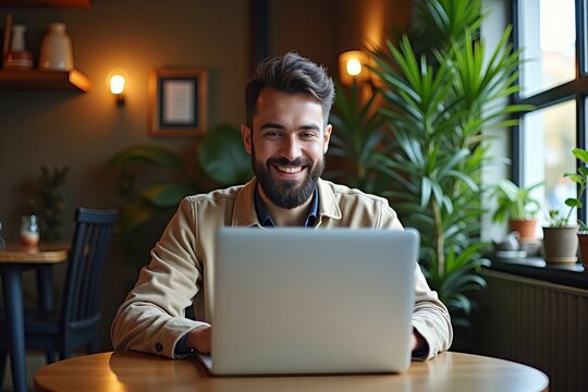 Digital Nomad: A Remote Software Engineer Coding Amidst Nature in a Cozy Caf&eacute;, Coffee in Hand