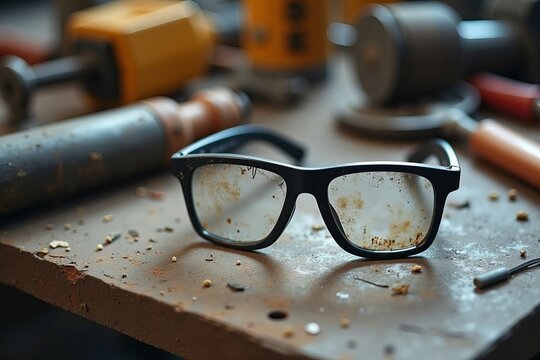 Emphasizing Eye Safety: A Close-Up of Worn Safety Glasses on a Construction Site Workbench Amid Tools and Machinery