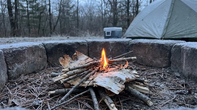 Small flame burning on kindling twigs and birch bark inside stone fire pit at campsite. Concept of outdoor, survival, campfire, camping, outdoor survival.