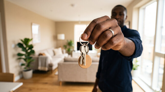 Black Man Handing Over Apartment Keys in Bright Interior