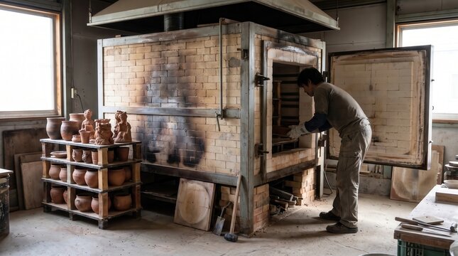Potter loading ceramic products into a large industrial kiln in authentic pottery workshop. Concept of ceramic oven, craft, potter at work, artisan, ceramic studio, brick kiln. Copy space.