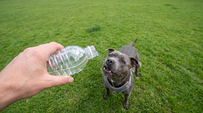 Dog drinking water from plastic bottle during heatstroke prevention outdoors. heat wave hot weather temperature. heat stroke dehydration symptom risk, emergency warning protection aid