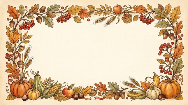 Autumn leaf and harvest border creating a decorative Thanksgiving frame with generous copy space
