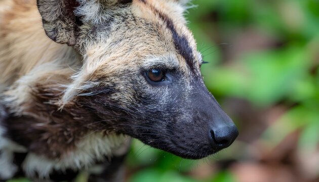 African wild dog lycaon pictus looking right through green foliage