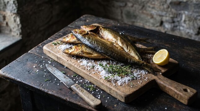 Smoked kipper fish whole herring on wooden cutting board with lemon salt and herbs rustic table. Concept of seafood, rustic food, sea salt, knife. Copy space.
