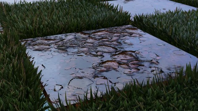 Weathered metal plate reflecting sky in grassy outdoor scene.