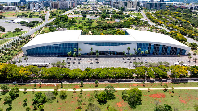 Aerial view of the Ulysses Guimar&atilde;es Convention Center (CCUG), designed by S&eacute;rgio Bernardes, featuring auditoriums and exhibition halls, the largest convention centers in South America. Bras&iacute;lia 2025