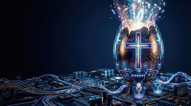Futuristic Easter egg with glowing cross on computer motherboard. Digital circuit board with sci-fi technology and religious symbol. Concept of innovative spiritual faith in technology.