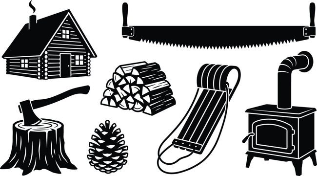 Black and white vector silhouette set featuring a rustic log cabin, lumberjack tools, winter sled, and wood stove.