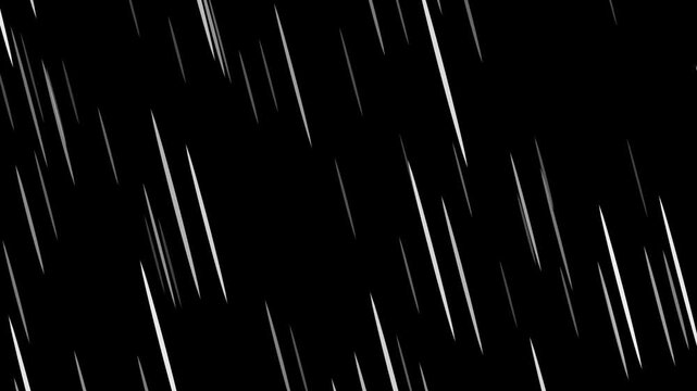 Anime rain lines animation seamless loop on black background, white diagonal 2D cel style rain streaks with depth, 4K motion graphic overlay