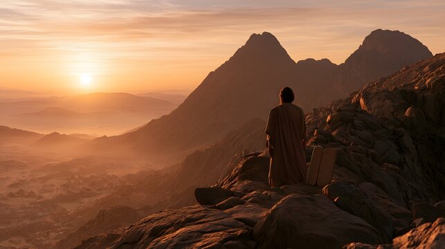 Moses on a mountain summit with stone tablets overlooking a vast desert valley