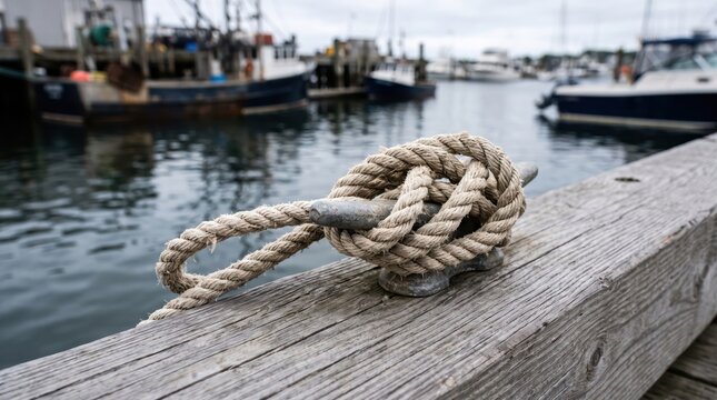 Strong nautical rope knot tied on a wooden pier cleat at harbor dock with boats. Concept of mooring rope. Copy space.