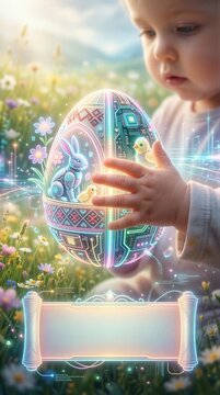 Child touching glowing digital Easter egg with robotic rabbit and chick in field. Future technology holiday concept with neon light decorations for springtime celebration greeting card.