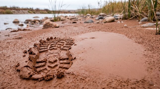 Close up of boot footprint impression in wet mud near river bank. Concept of shoe, imprint, clay, evidence, boot print, footprint evidence, shoe imprint, mud print. Copy space.