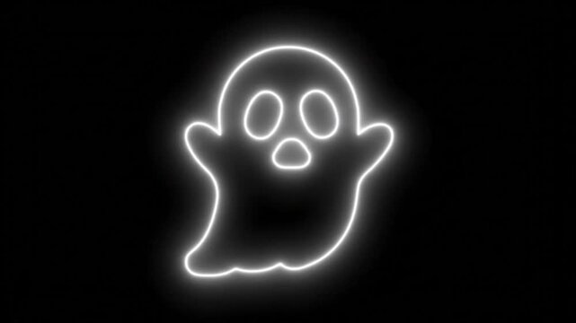 Neon ghost outline glowing on black background. Halloween neon sign animation. Spooky white ghost light effect for party visuals.