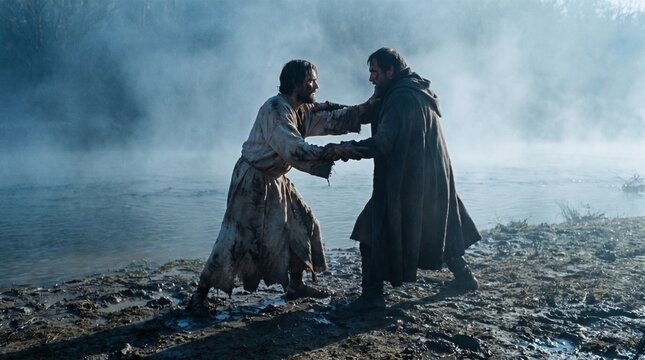 Patriarch Jacob wrestling with a mysterious man on the foggy riverbank at daybreak in the Old Testament biblical scene Jacob wrestling with the Angel.