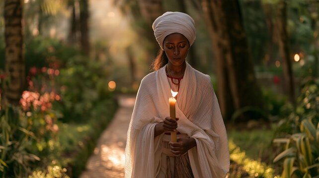 A candle-wielding Ethiopian woman on a Meskel garden walk