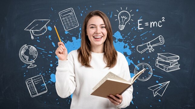 Happy excited female student holding notebook and pencil standing in front of blackboard with white educational doodles and blue paint splash, learning and education concept.
