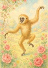 Naklejka premium Playful monkey amidst blooming roses.