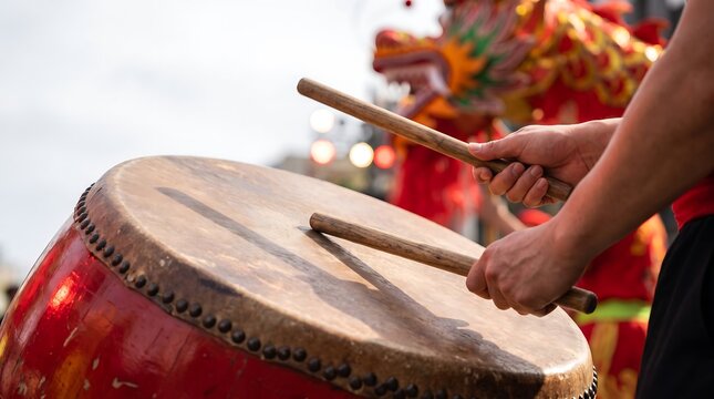Person playing traditional Chinese drum during a festive dragon dance performance