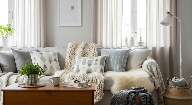 Bright scandinavian living room featuring a grey sofa with decorative cushions knitted throws and a wooden coffee table home styling apartment int