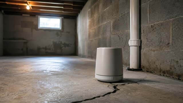 Radon testing detector sensor placed on concrete basement floor near cracked wall. Concept of air quality, radon system, mitigation, radon gas, pipe, ventilation. Copy space.